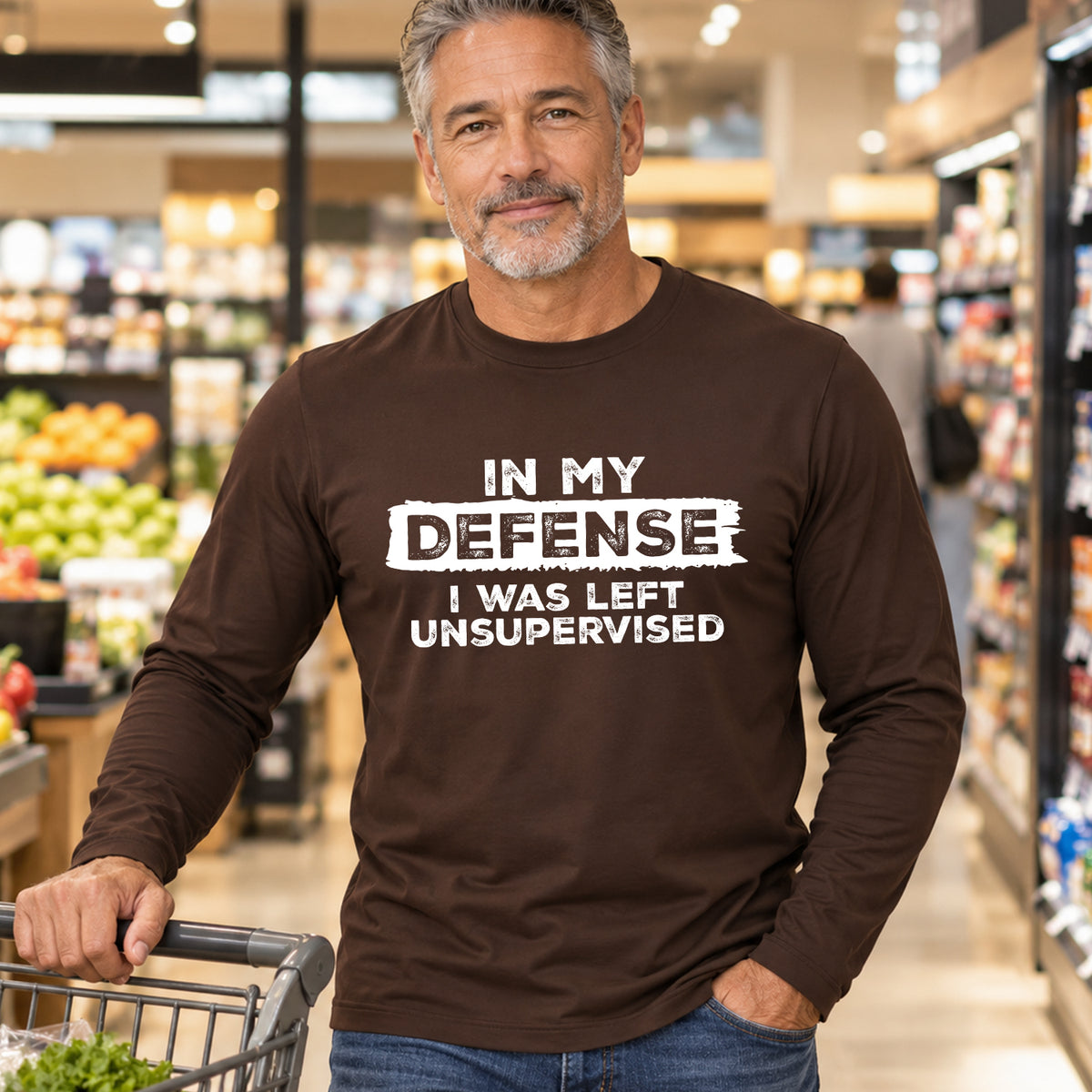 IN MY DEFENSE I WAS LEFT UNSUPERVISED long sleeve lifestyle image