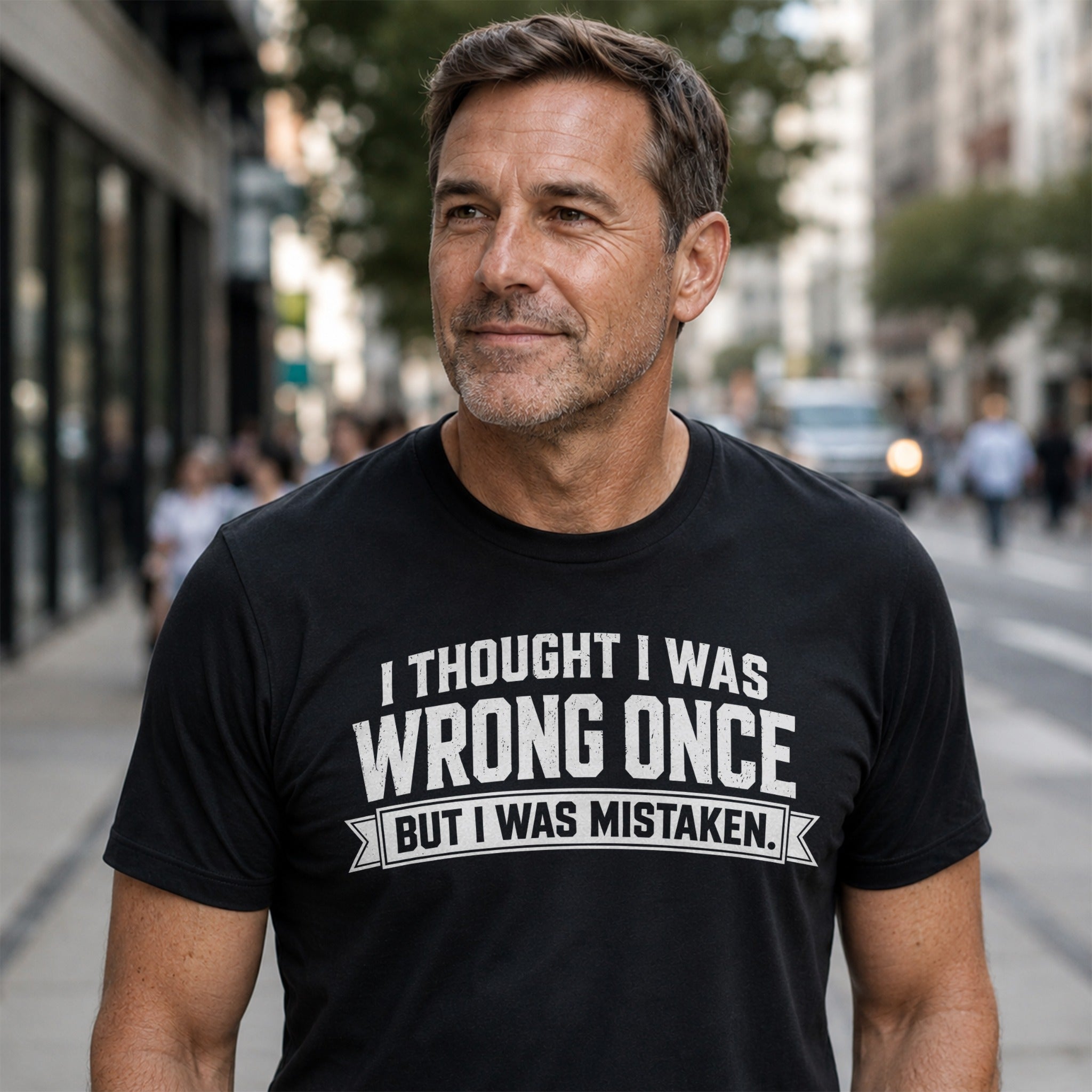 Man wearing I Thought I Was Wrong Once But I Was Mistaken black T-shirt outdoors