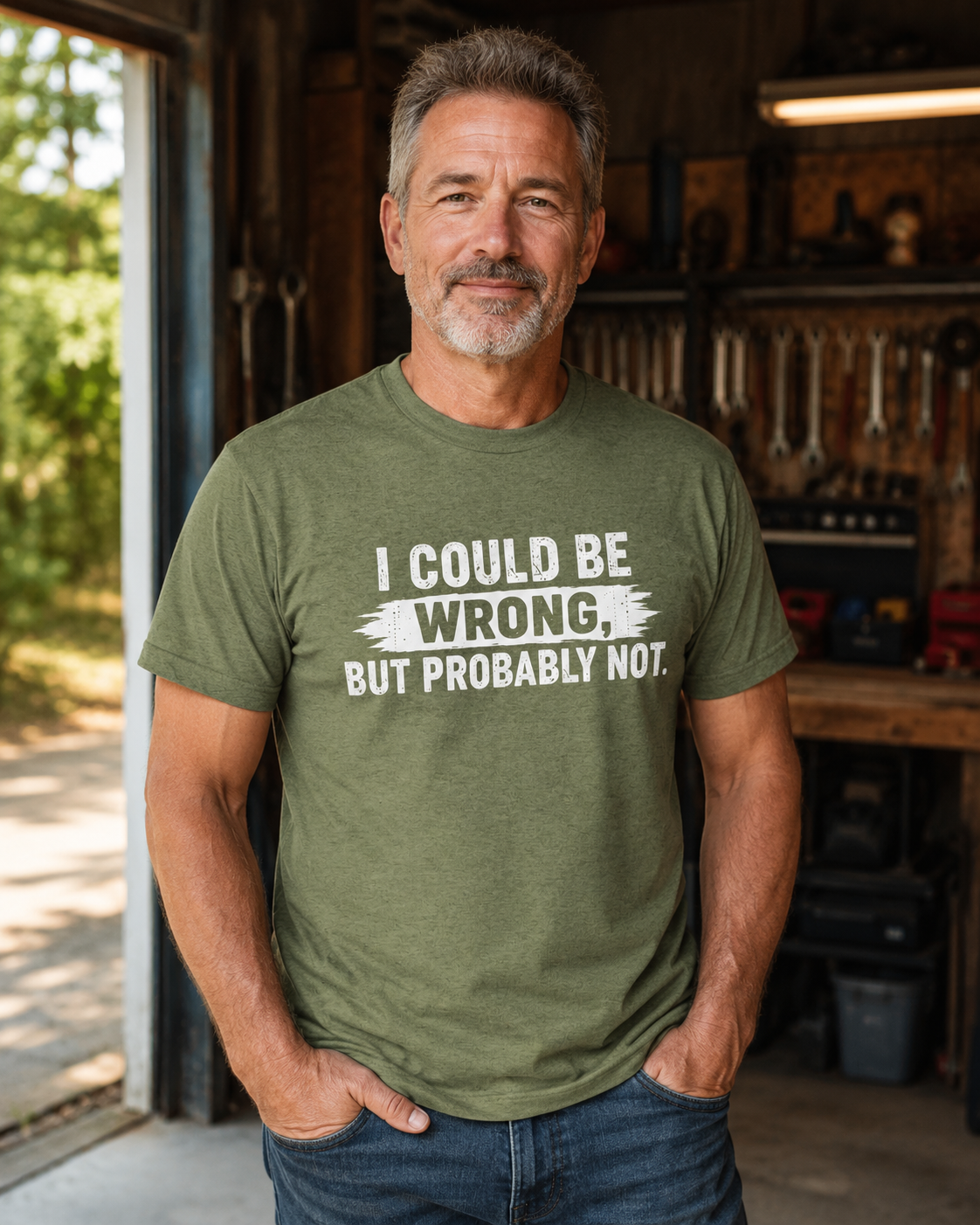 I Could Be Wrong, But Probably Not T-shirt - Heather Military Green lifestyle