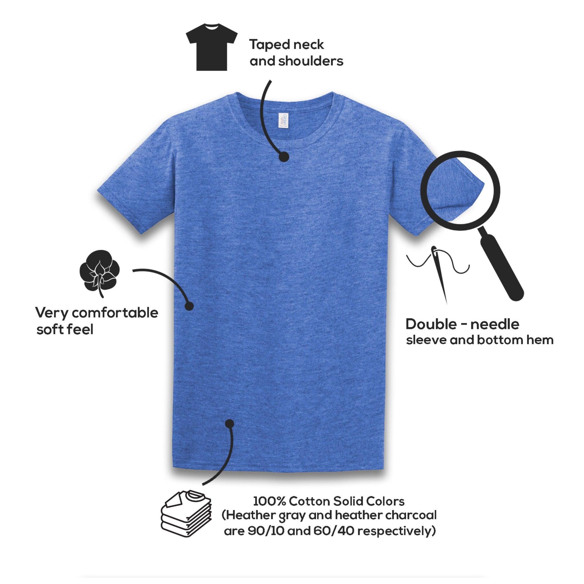 T-shirt features including taped neck and shoulders, soft feel, and double-needle hems