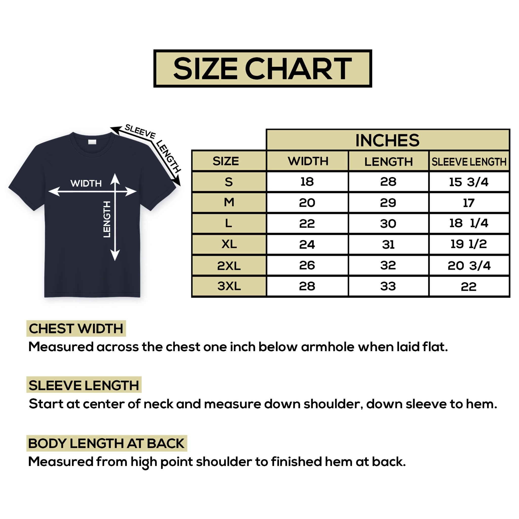 Men's T-shirt size chart with width, length, and sleeve measurements