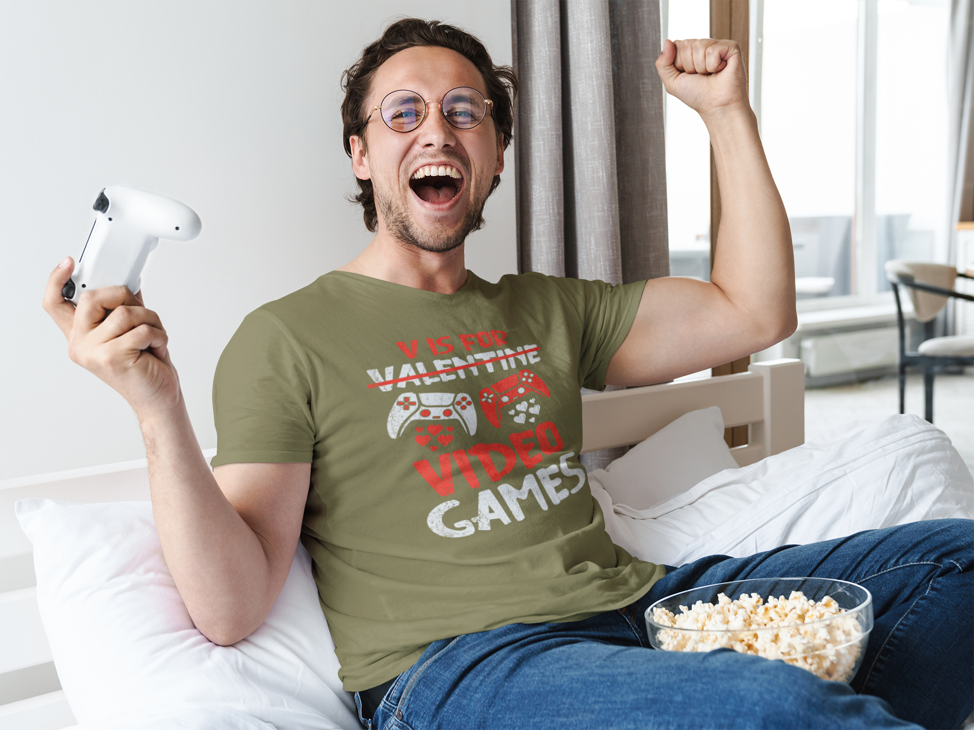 V Is For Video Games Valentine’s Day T-Shirt – Funny Gamer Love Shirt for Men, Gaming Controller Heart Tee, Valentine Gift for Boyfriend Husband Gamer