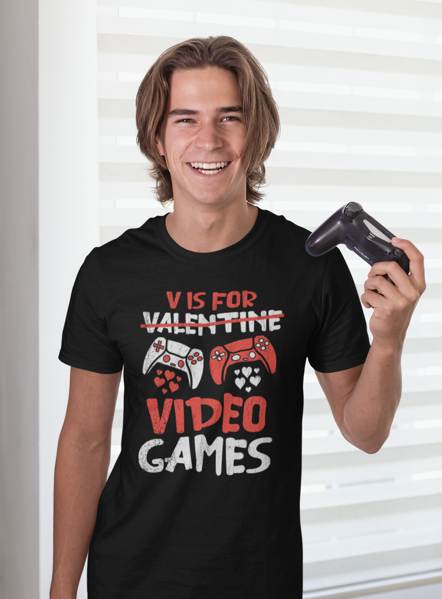 V Is For Video Games Valentine’s Day T-Shirt – Funny Gamer Love Shirt for Men, Gaming Controller Heart Tee, Valentine Gift for Boyfriend Husband Gamer